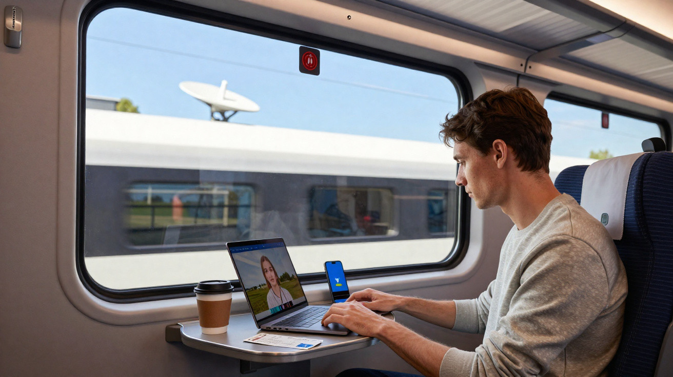 Homem usando laptop e celular durante videochamada em trem, com café ao lado e janela mostrando outro trem.