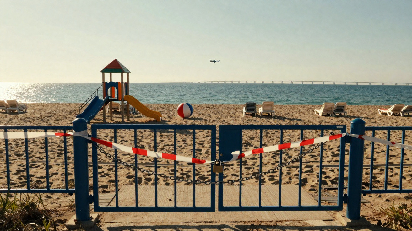 Portão fechado com fita e cadeado bloqueia acesso a parquinho e cadeiras em praia ao pôr do sol.