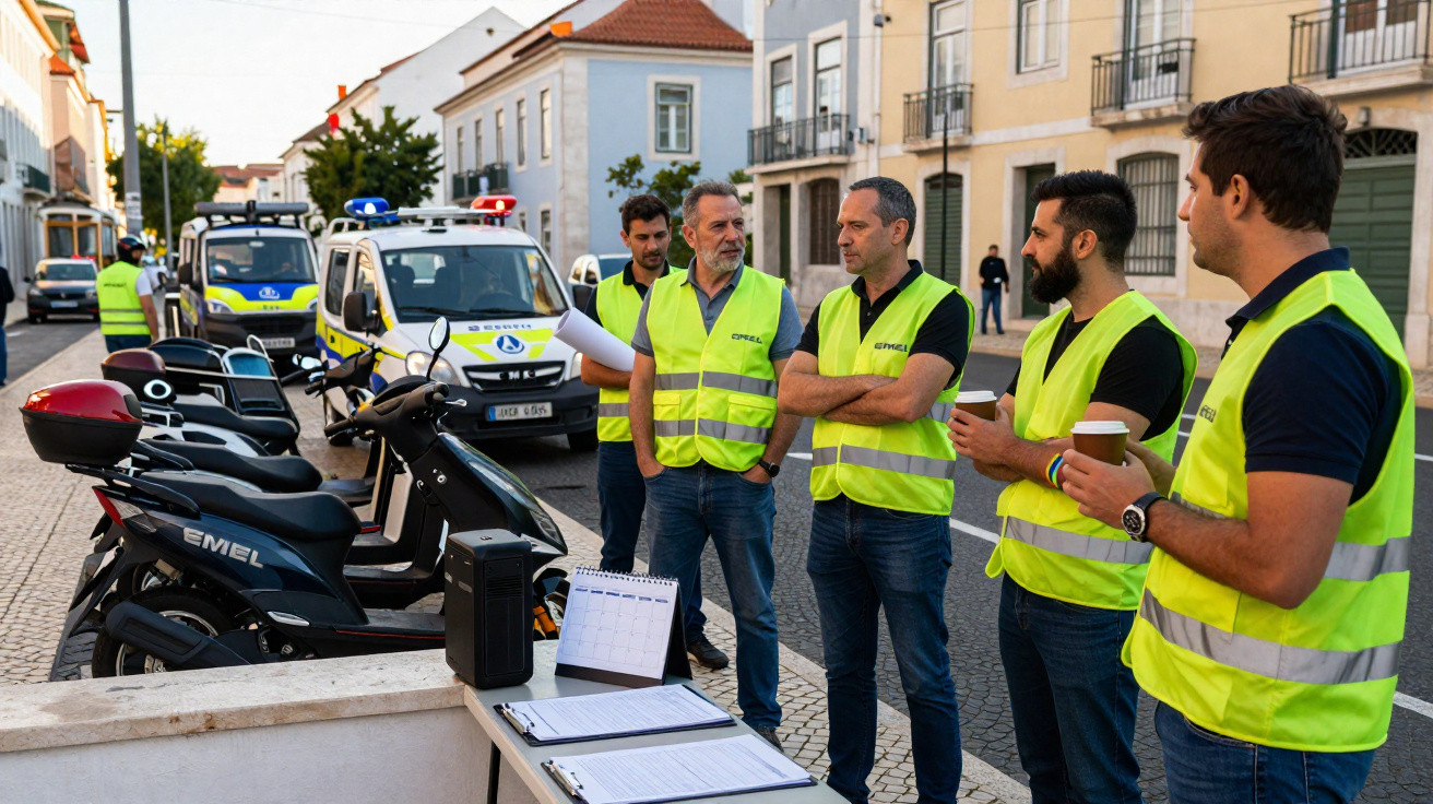 Cinco homens com coletes amarelos conversam perto de motos e carros de serviço em rua urbana.