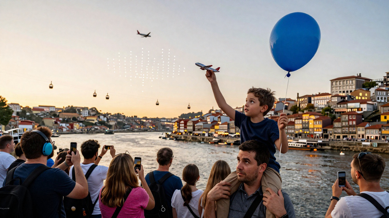 Criança com balão azul no ombro de adulto observa avião de brinquedo enquanto grupo fotografa cenário ao pôr do sol.