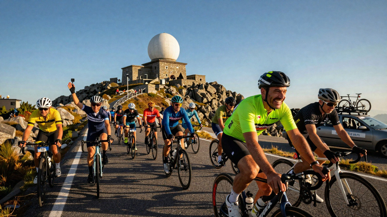 Grupo de ciclistas pedalando em estrada perto de um observatório geodésico com céu azul ao fundo.
