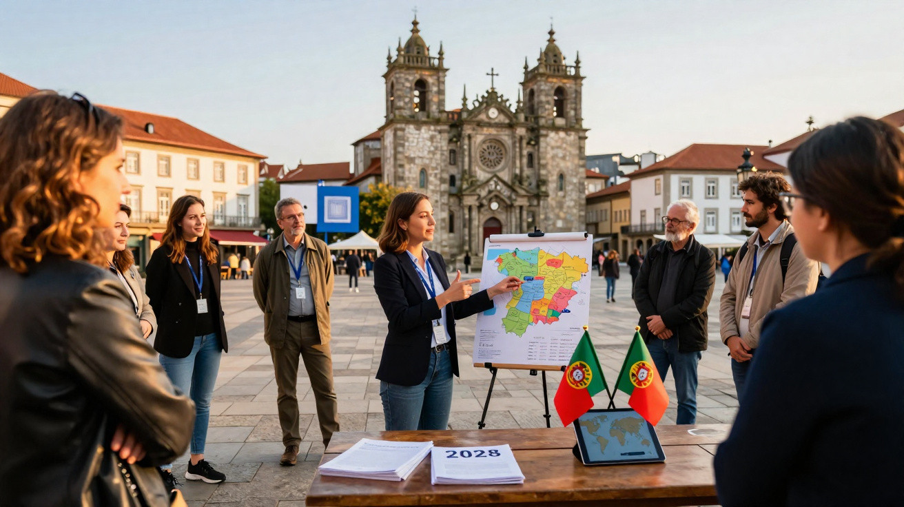 Grupo reunido ao ar livre em praça histórica, observando mulher apontando mapa em papel.
