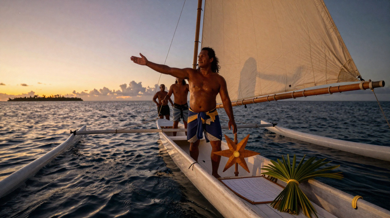 Homem em canoa havaiana com vela branca no mar ao pôr do sol, estendendo o braço direito.