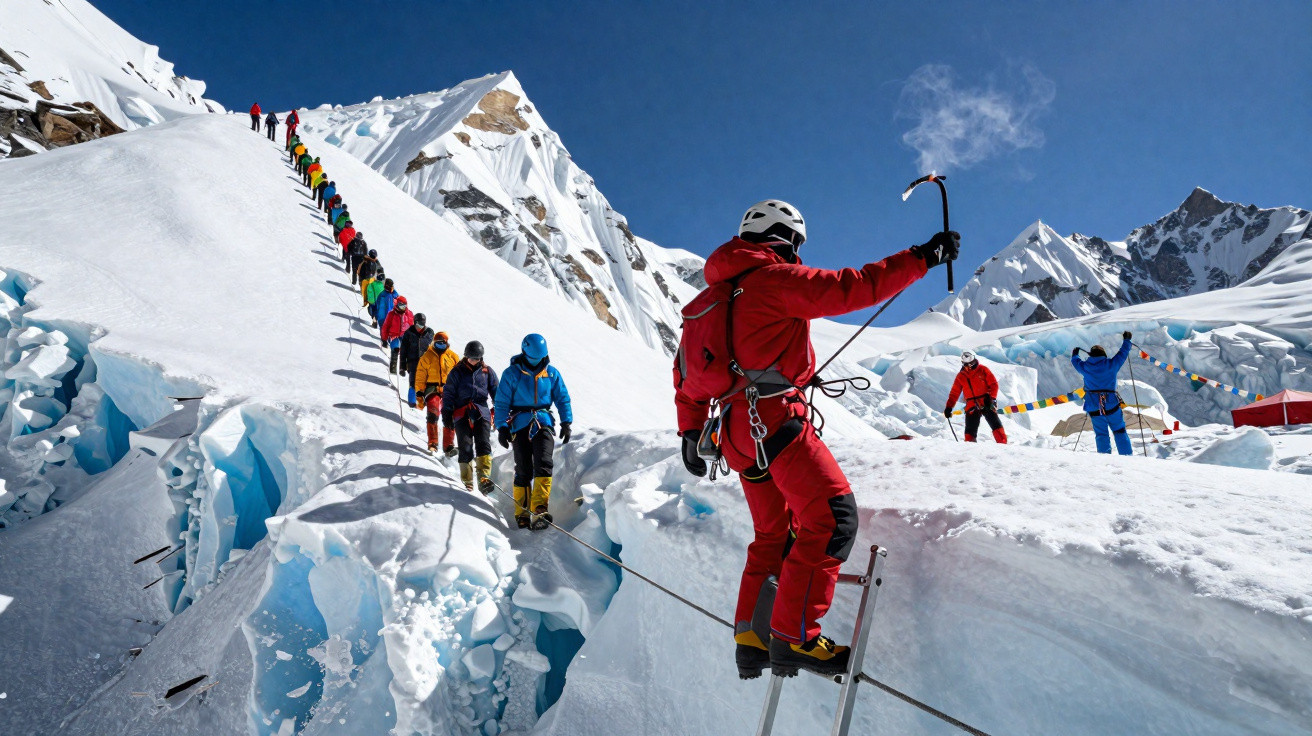 Grupo de alpinistas em fila atravessando fenda glacial em cadeia de montanhas cobertas de neve.