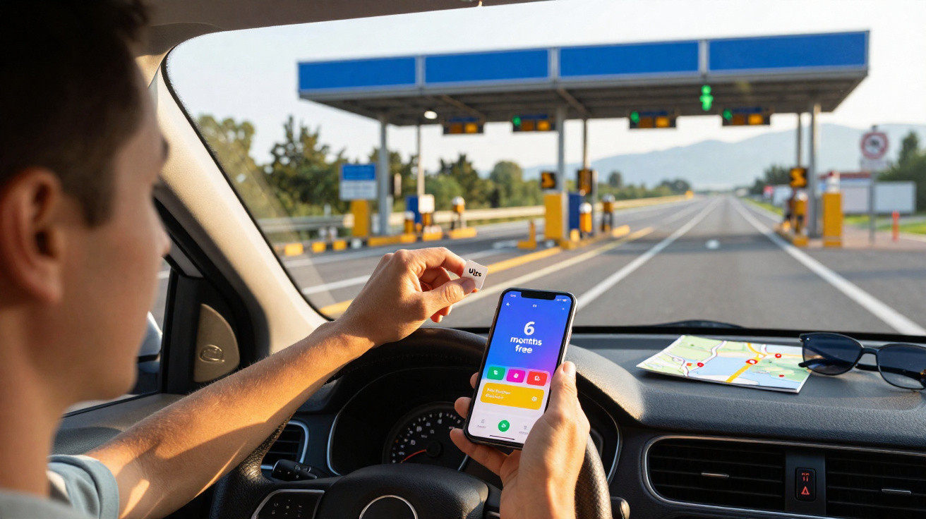 Pessoa no carro usando adesivo de pedágio e smartphone com aplicativo aberto perto de praça de pedágio na estrada.