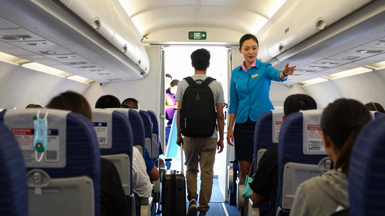 Comissária de bordo em uniforme azul orienta passageiro com mochila dentro do avião.