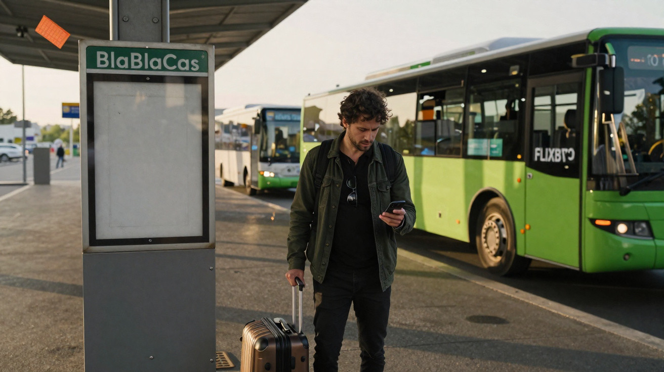 Homem com mala consulta celular em ponto de ônibus com ônibus verde ao fundo.