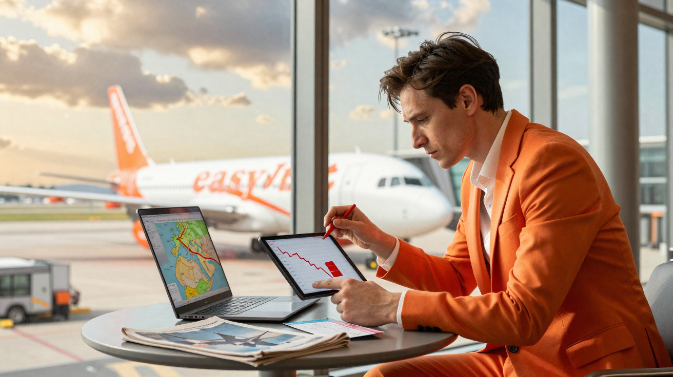 Homem de terno laranja analisa gráficos em tablet e laptop em aeroporto com avião ao fundo.