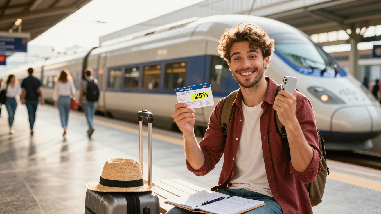 Homem sorridente em estação de trem segurando bilhete com desconto de 25% e celular, com mala ao lado.