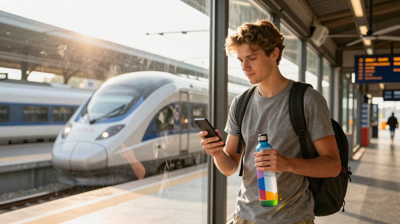 Jovem com mochila verifica celular e segura garrafa em estação de trem com trem moderno ao fundo.