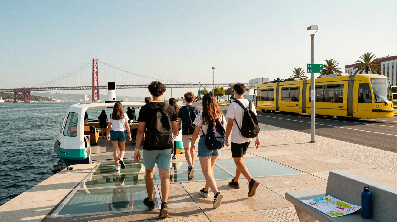 Grupo de jovens caminhando perto de um barco branco e verde com ponte e bonde amarelo ao fundo.