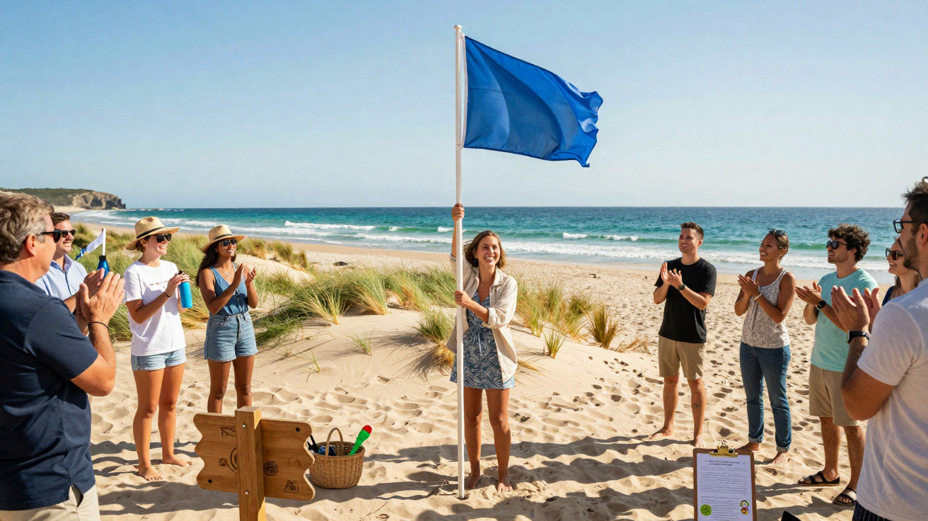 Grupo de pessoas na praia aplaudindo mulher com bandeira azul em dia de sol e céu limpo.