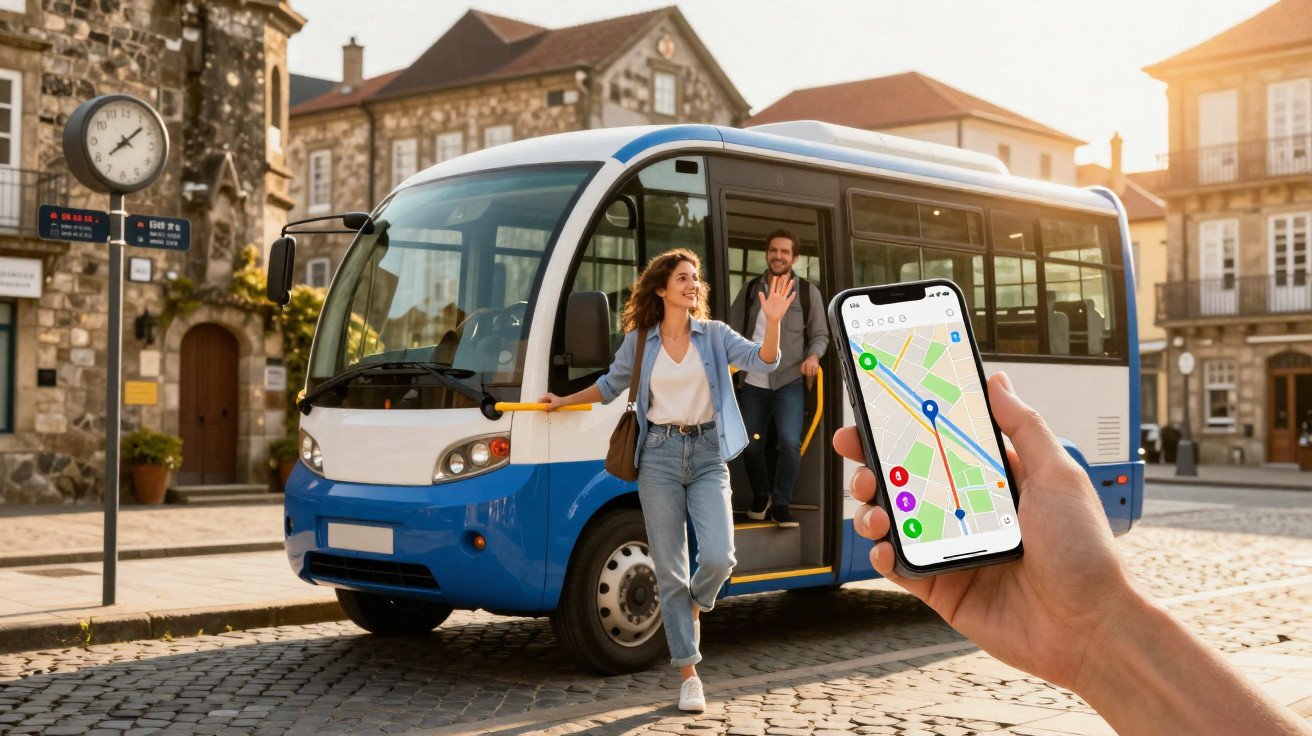 Pessoa saindo de micro-ônibus urbano azul e branca, com alguém segurando celular com mapa de rota na frente.