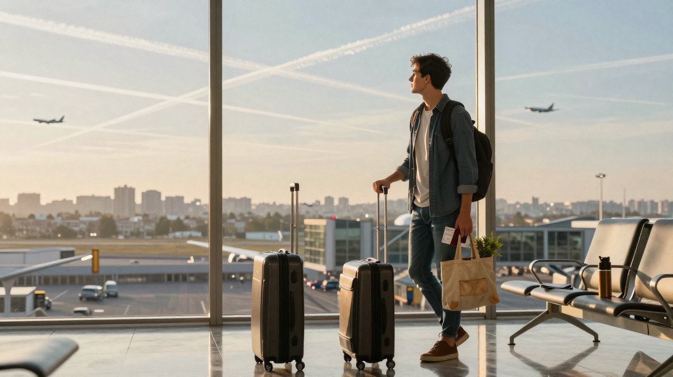 Homem jovem com mochilas e malas observa aviões de dentro do aeroporto ao pôr do sol.