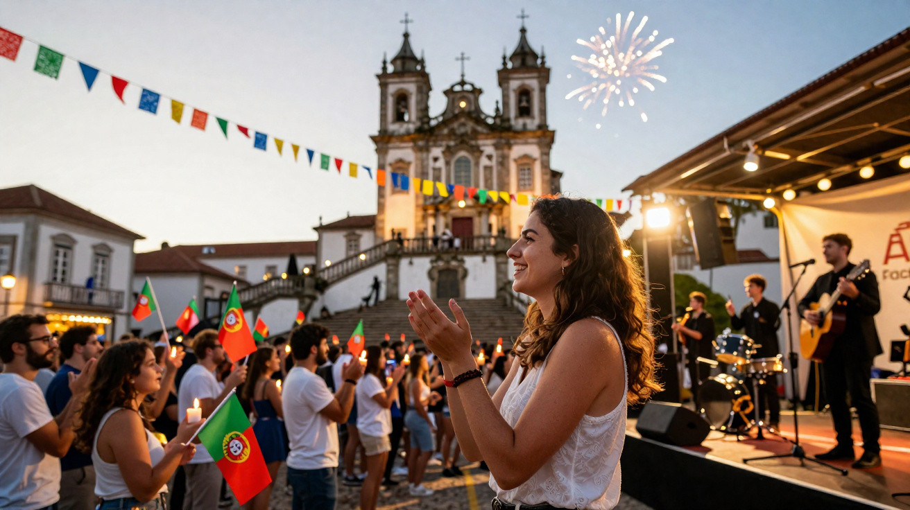 Pessoas comemorando com bandeiras de Portugal e fogos no entardecer em frente à igreja histórica.