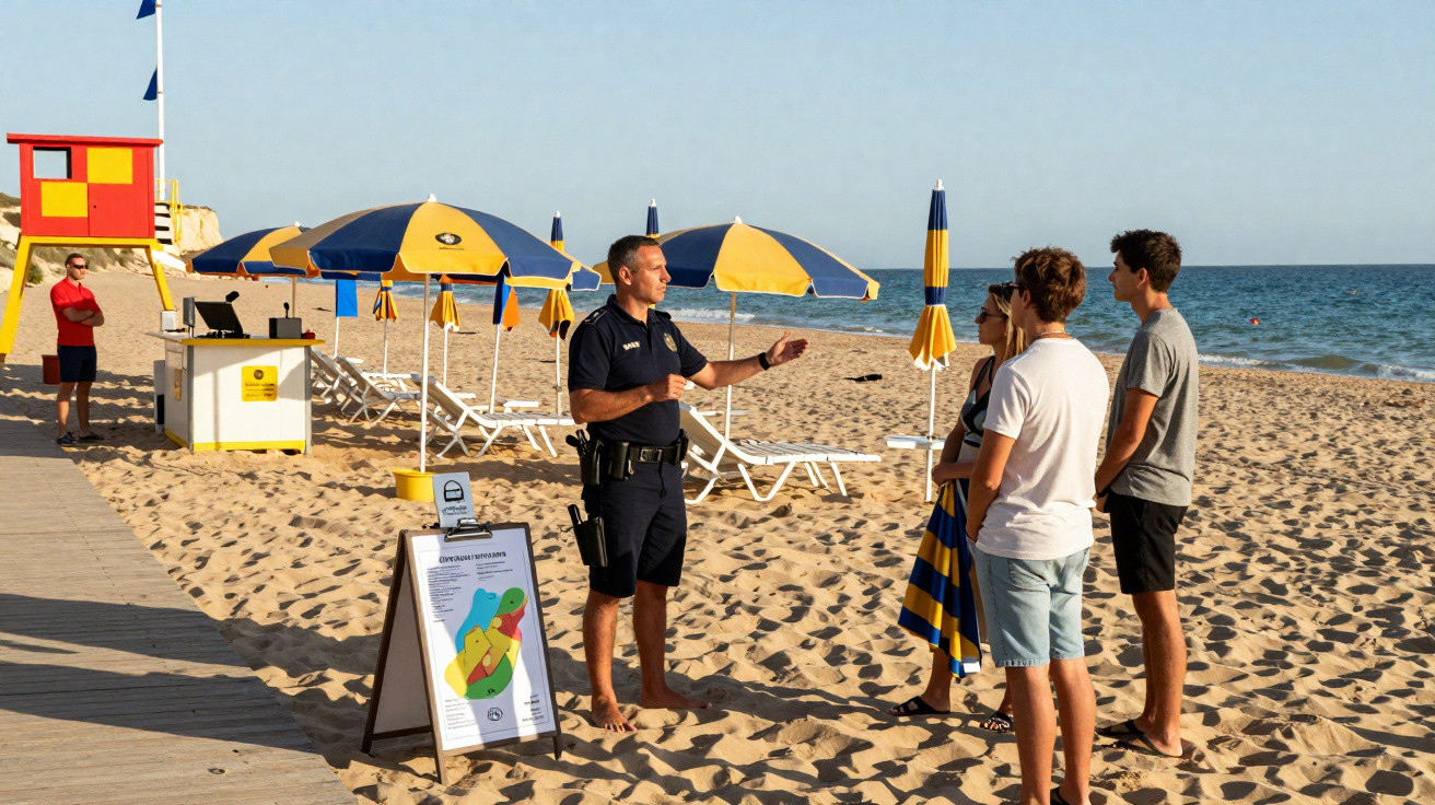 Policial na praia orientando três jovens em pé próximo a guarda-sol amarelo e azul, com mar ao fundo.