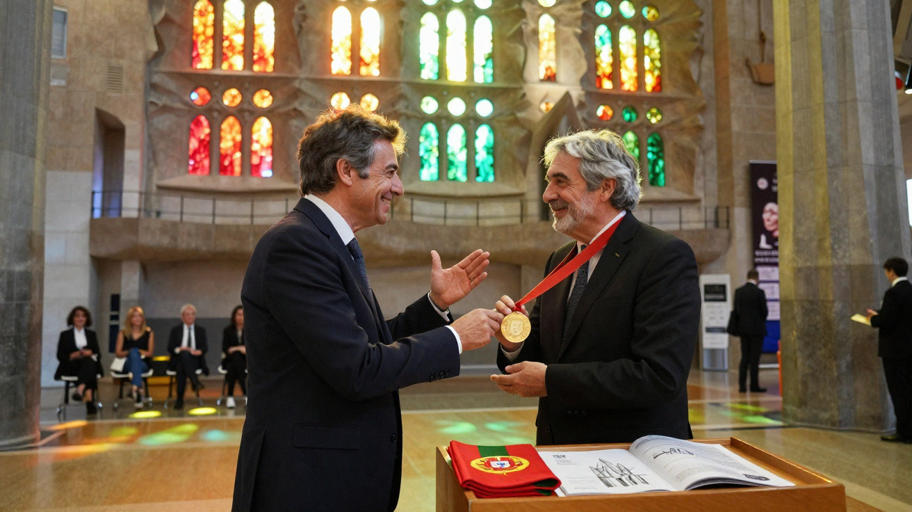 Dois homens em terno em cerimônia em ambiente com vitrais coloridos, um entrega uma medalha ao outro.