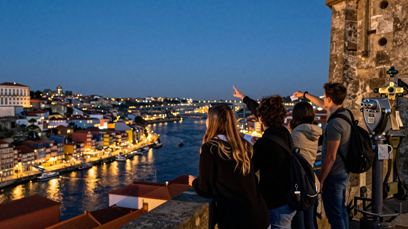 Quatro pessoas observam o rio iluminado e as casas à noite em um mirante histórico.