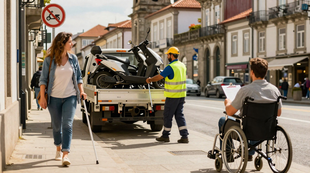 Homem com colete refletivo carrega motocicleta em caminhonete, mulher com bengala e homem em cadeira de rodas na calçada.