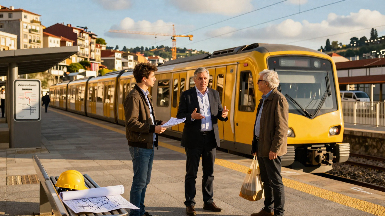 Três homens conversam em estação de trem com metrô amarelo estacionado e planta baixa sobre banco.