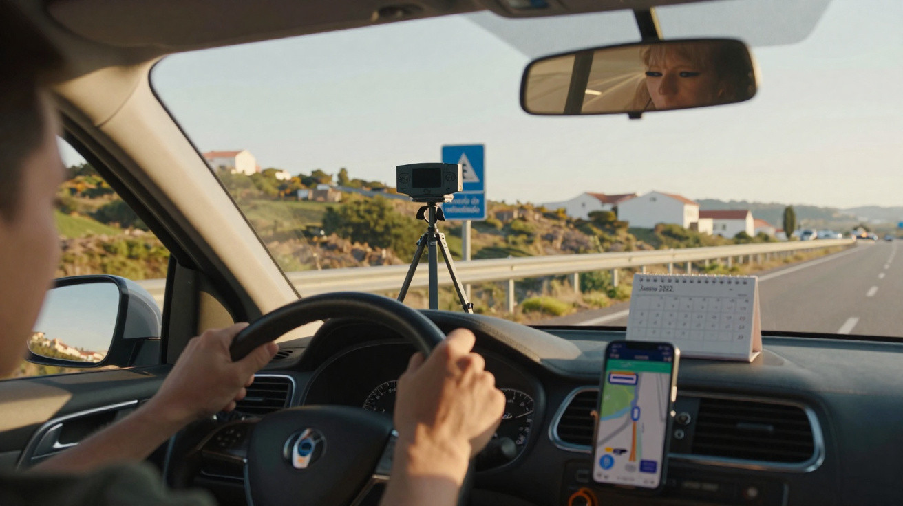 Motorista dirigindo por estrada rural com câmera de velocidade no acostamento e GPS no painel do carro.