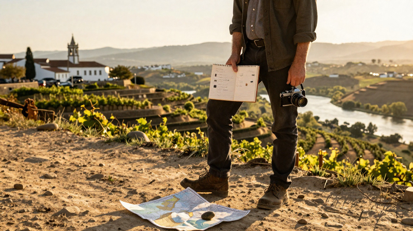 Pessoa segurando caderno e câmera ao lado de mapa no chão, com vinhedos e rio ao fundo ao entardecer.