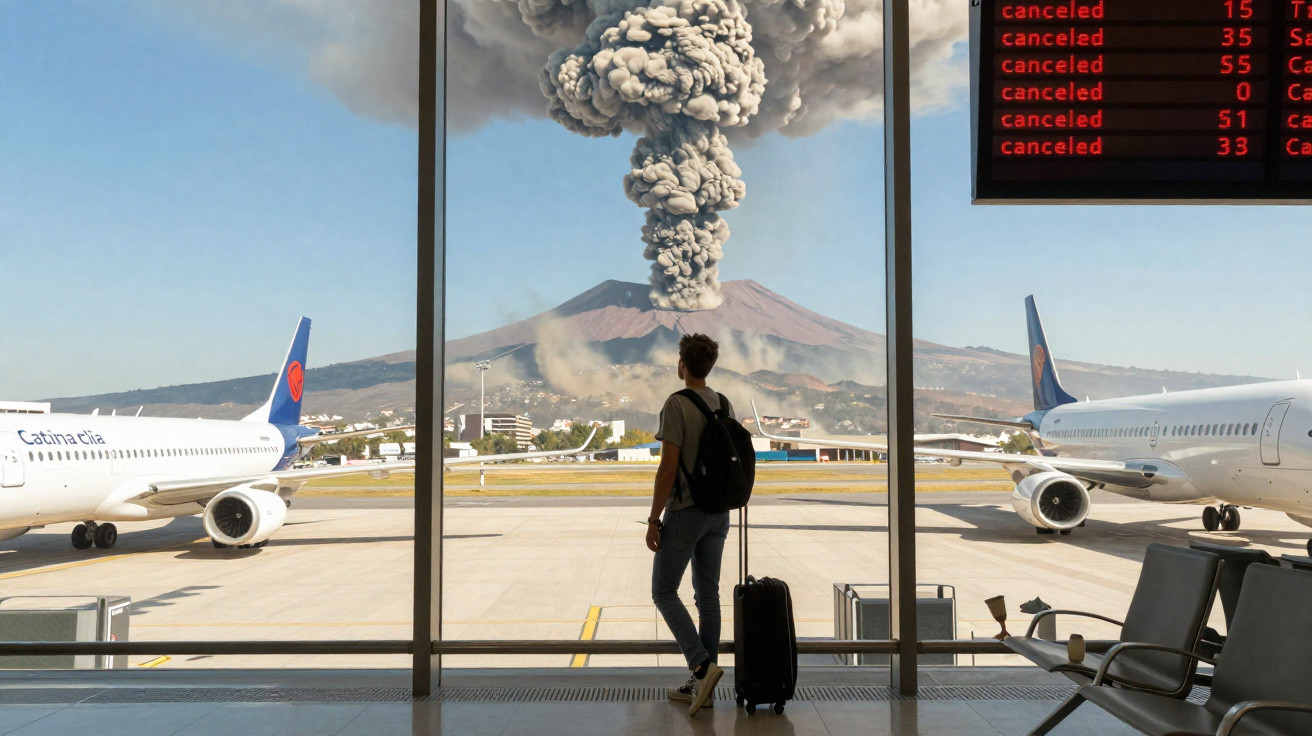 Passageiro no aeroporto observa erupção vulcânica com nuvem de fumaça enquanto voos são cancelados no painel.