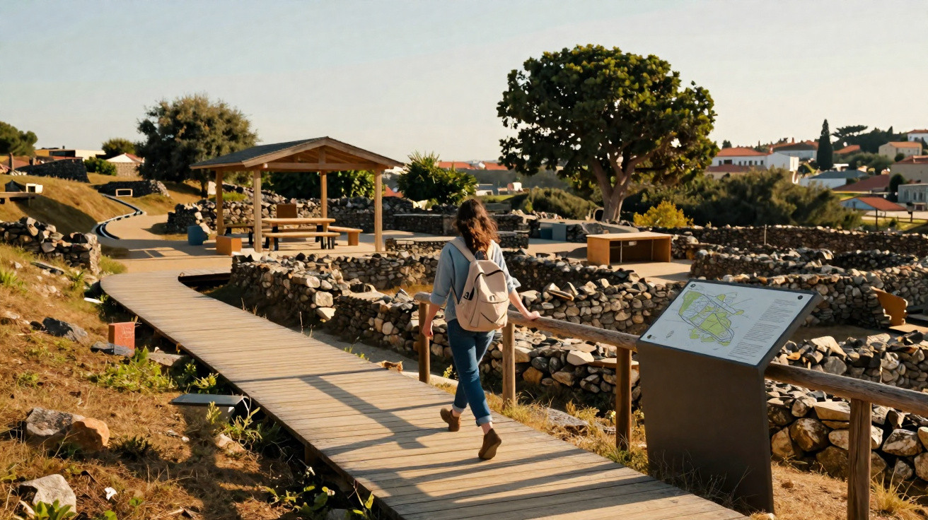 Mulher caminhando em passarela de madeira por sítio arqueológico com ruínas de pedras e árvores ao redor.