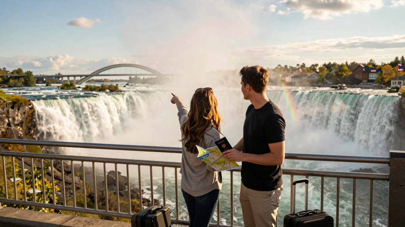 Casal turista com malas observa e aponta para cachoeira com arco-íris e ponte ao fundo em dia ensolarado.