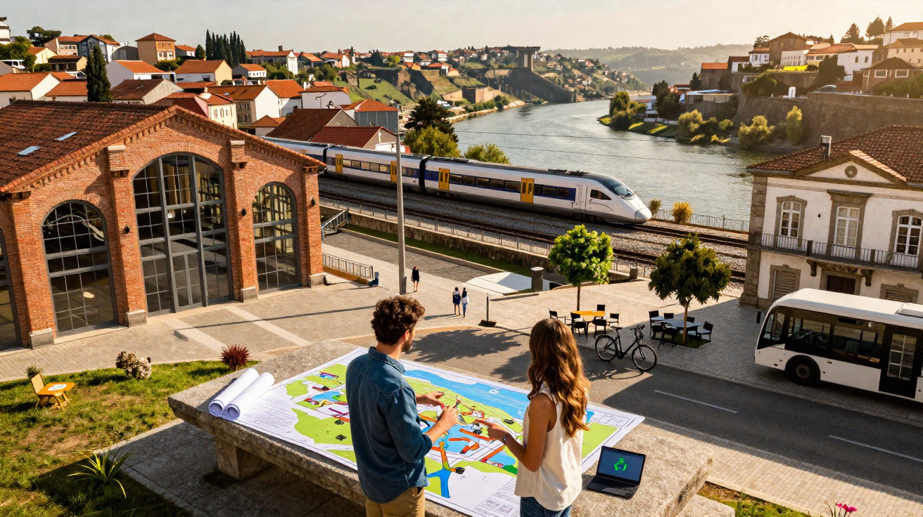 Casal observa mapa na cidade com trem, rio e ônibus ao fundo em dia ensolarado.