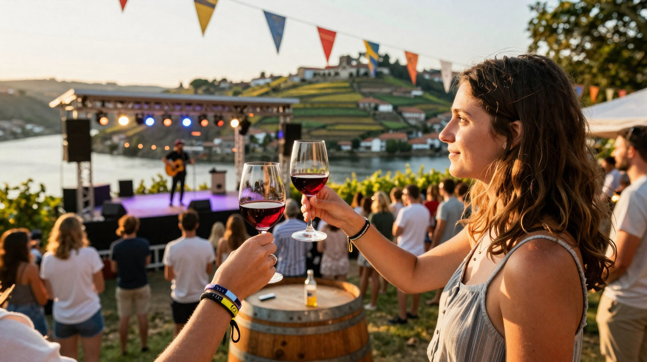 Pessoas brindando com vinho tinto em festival ao ar livre com músico no palco e vinhedos ao fundo.