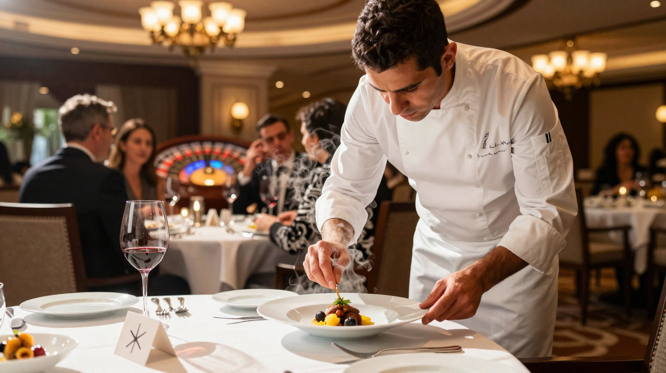 Chef colocando acabamento em prato fumegante em restaurante elegante com clientes ao fundo.