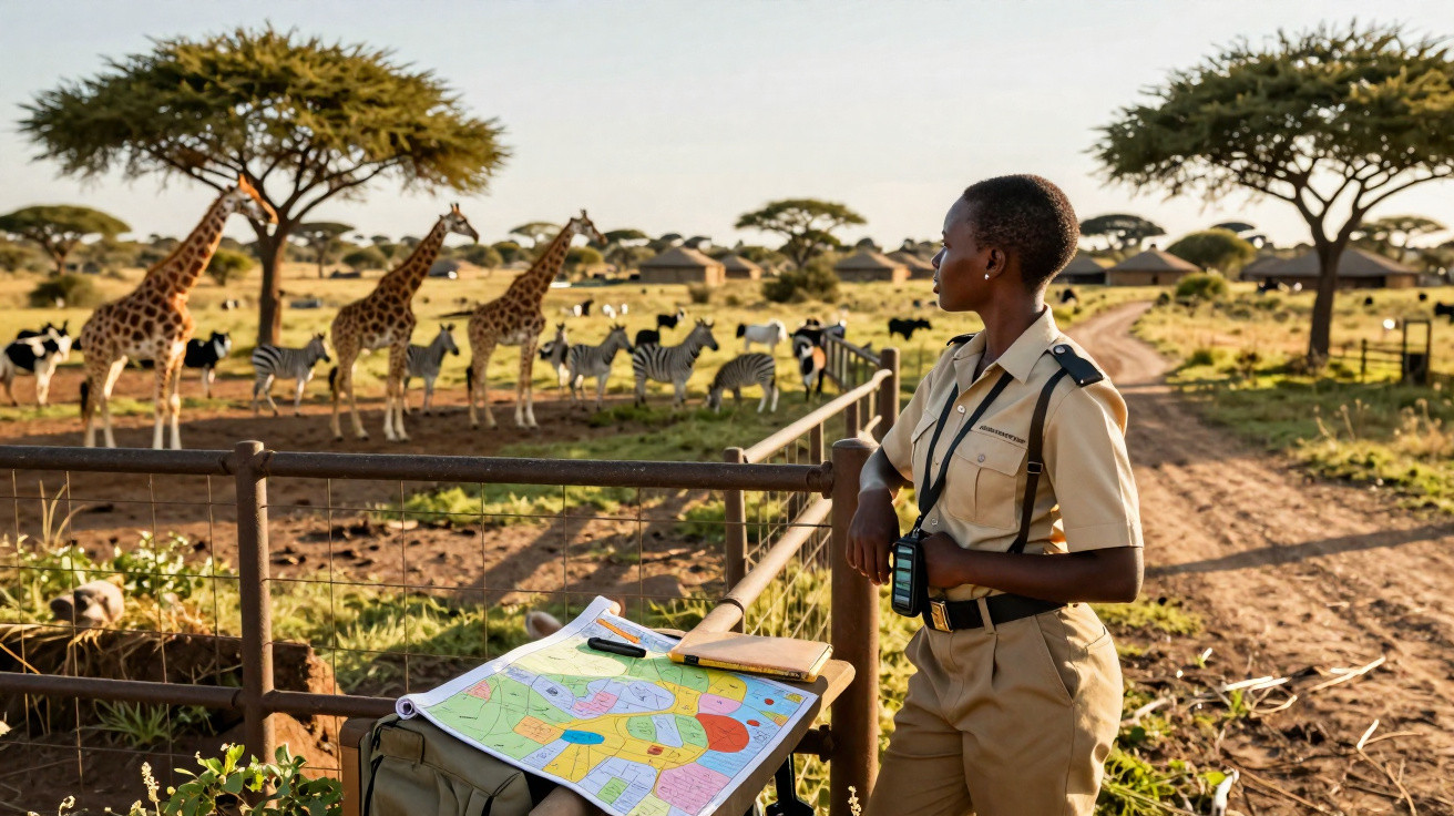 Guia de safári observa girafas e zebras em reserva africana durante o dia ensolarado.