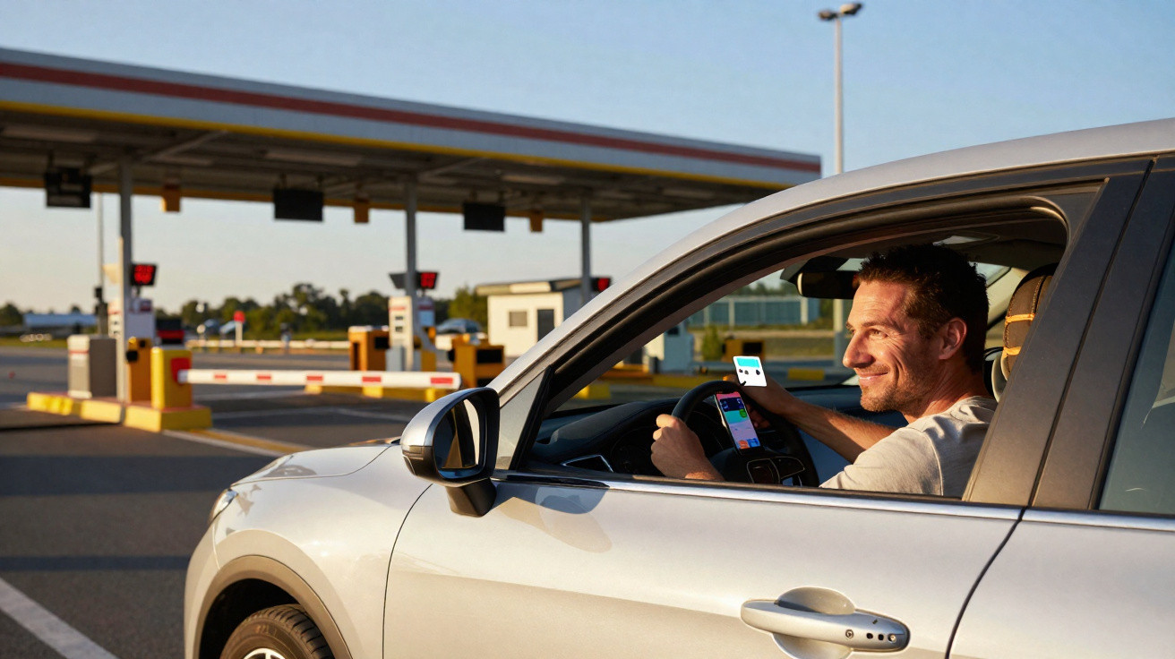 Homem sorridente no carro segurando celular na mão, aguardando em pedágio ao entardecer.