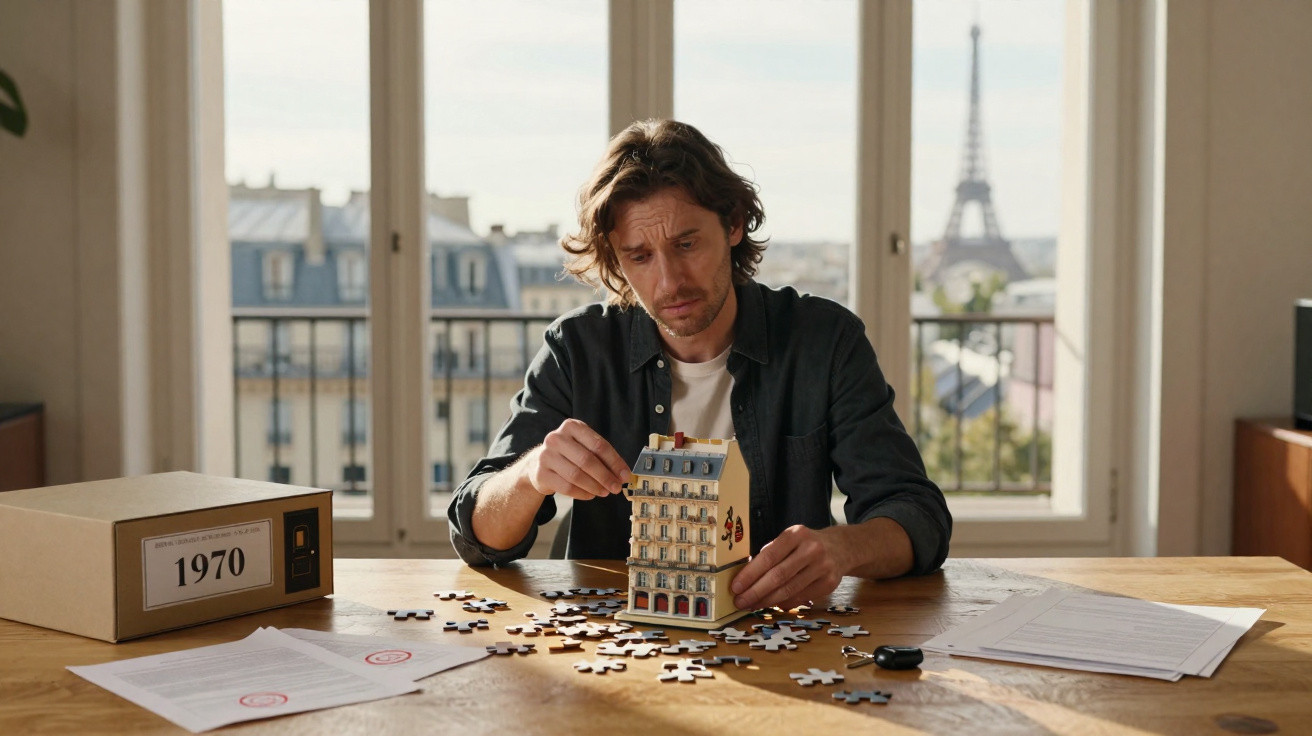 Homem montando quebra-cabeça de prédio em mesa com vista da Torre Eiffel ao fundo.