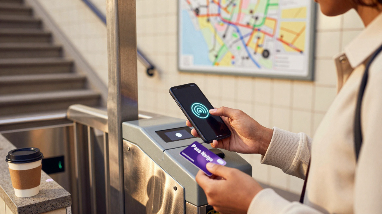 Pessoa usando smartphone e cartão de transporte para acessar catraca em estação de metrô.
