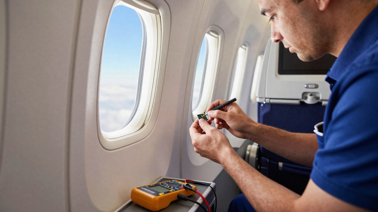 Homem consertando equipamento eletrônico dentro de avião ao lado de janela durante voo.