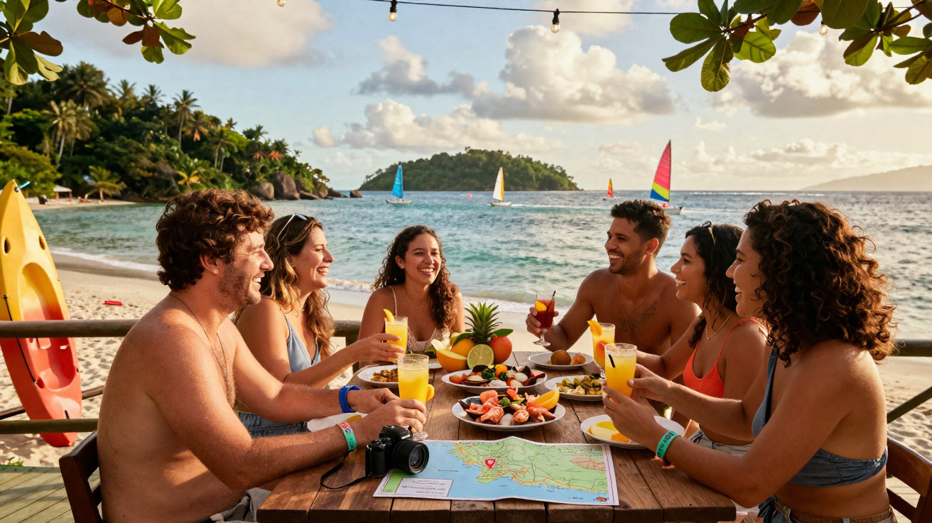 Grupo de amigos brindando com sucos à beira da praia com cenário de mar e veleiros ao fundo.