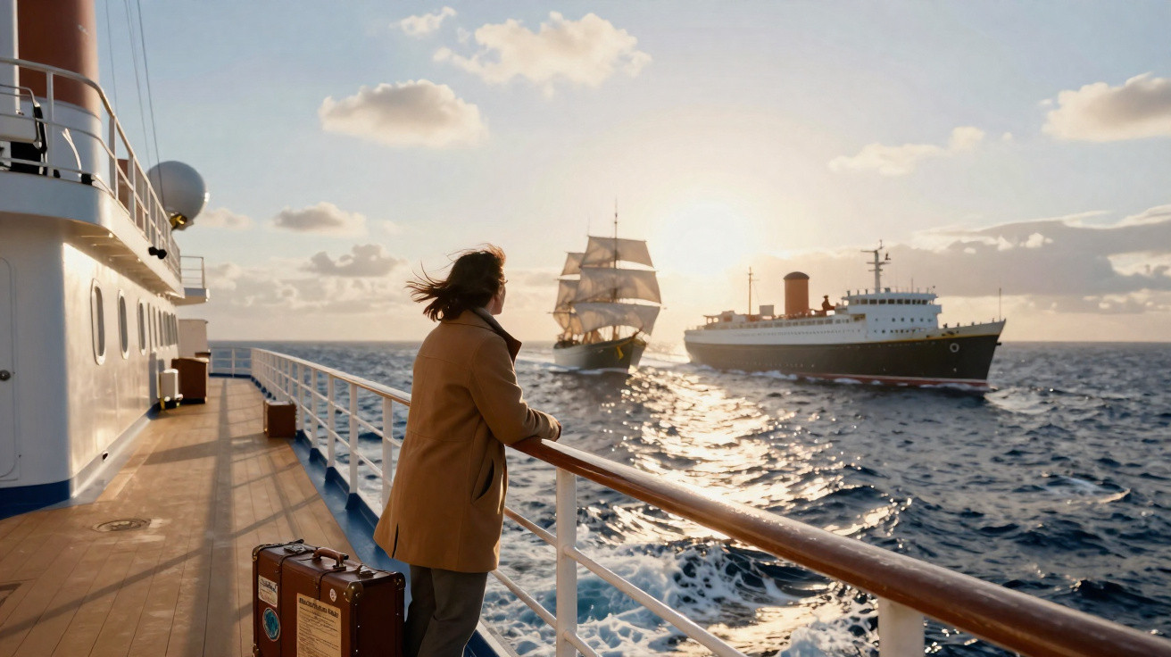 Pessoa com casaco bege observa dois navios ao pôr do sol no convés de um navio.