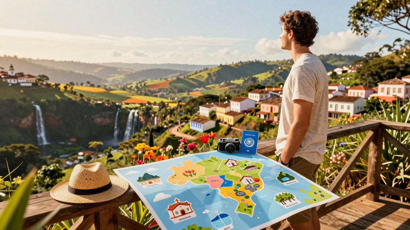 Homem observa cachoeiras e vilarejo colorido ao ar livre, com mapa e chapéu em varanda de madeira.
