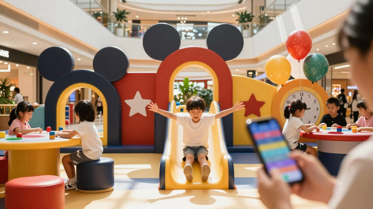 Crianças brincando em área infantil colorida com escorregador, mesas e balões dentro de shopping.