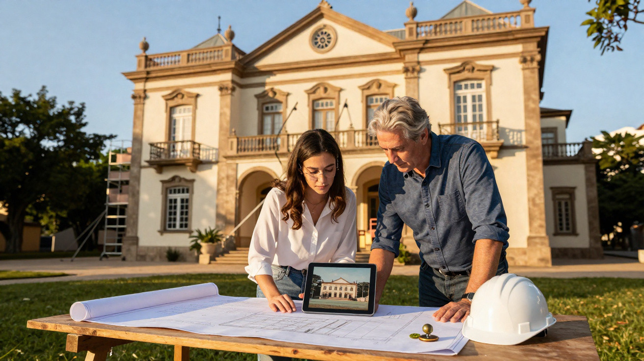 Homem e mulher analisam planta baixa e foto de edifício histórico em tablet ao ar livre.