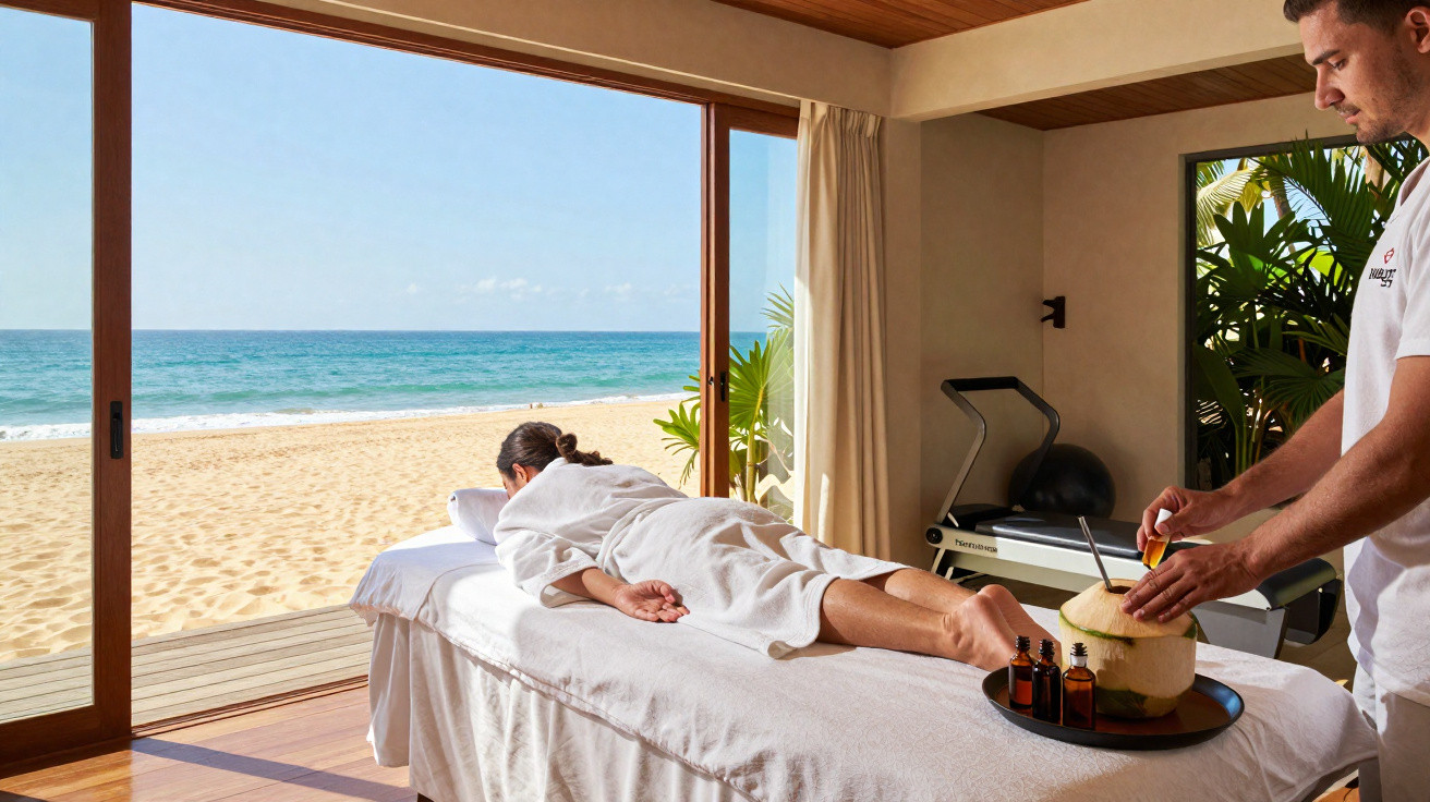 Mulher deitada para massagem em sala com vista para praia, terapeuta preparando óleo de coco.