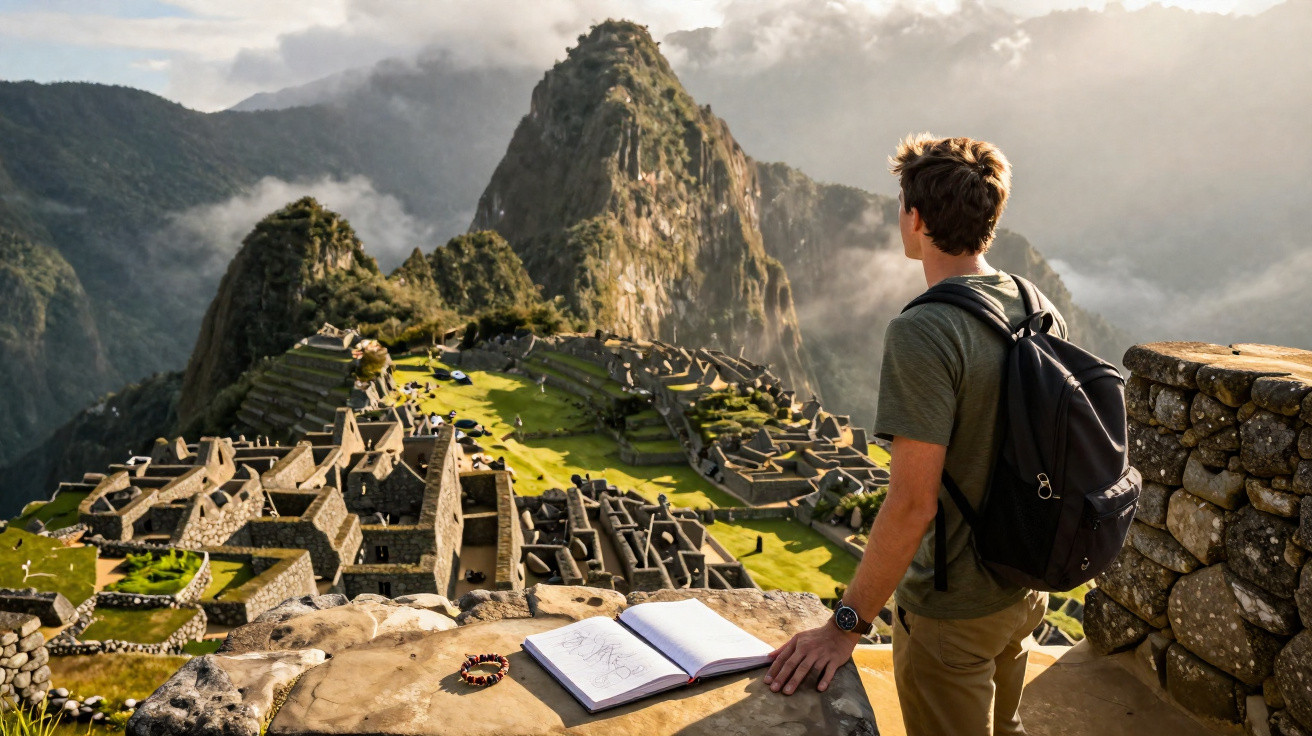 Turista com mochila observa as ruínas de Machu Picchu cercadas por montanhas e névoa.