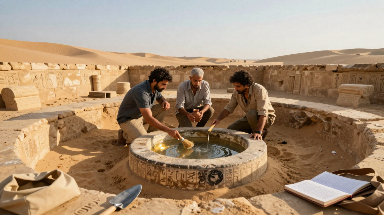 Três homens exploram antiga estrutura circular com inscrições em sítio arqueológico no deserto.