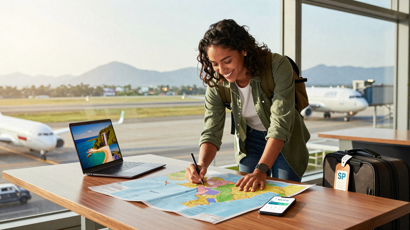 Mulher jovem planeja viagem em mapa no aeroporto, com laptop, celular e mala ao lado.
