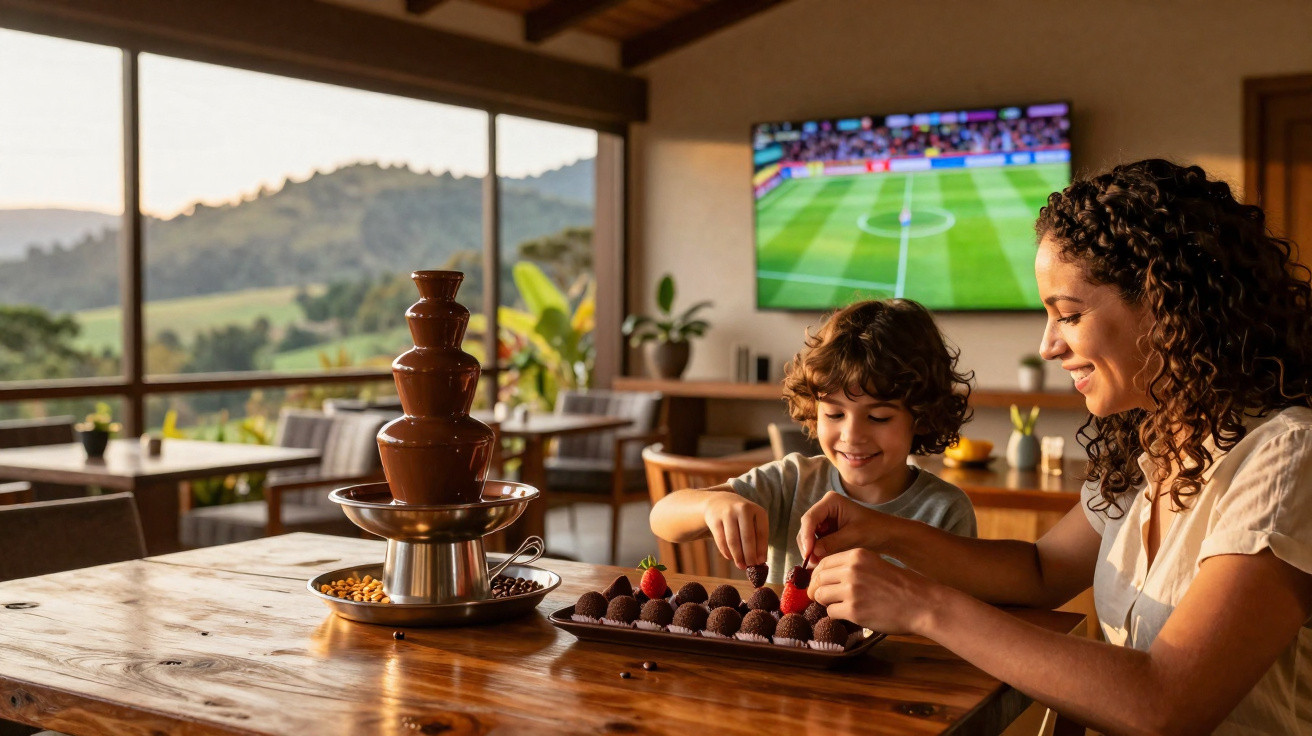 Mulher e criança sentados em mesa de madeira perto de fonte de chocolate, mexendo em docinhos em ambiente iluminado.