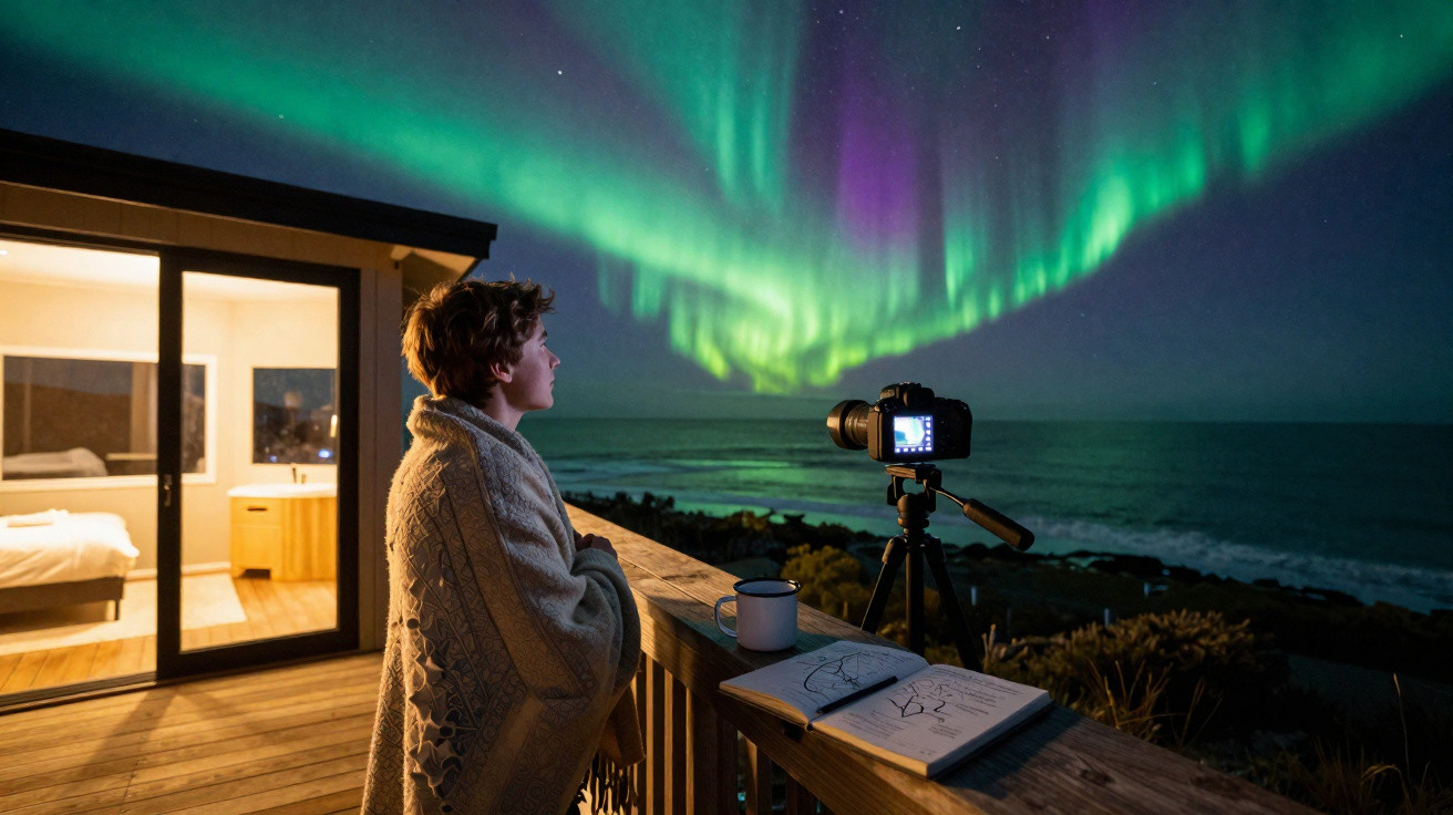 Pessoa enrolada em cobertor observa aurora boreal na varanda de casa à noite com câmera e caderno na mesa.