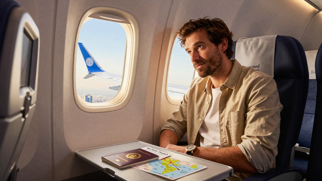 Homem sentado em avião olhando pela janela com passaporte e mapa sobre bandeja.