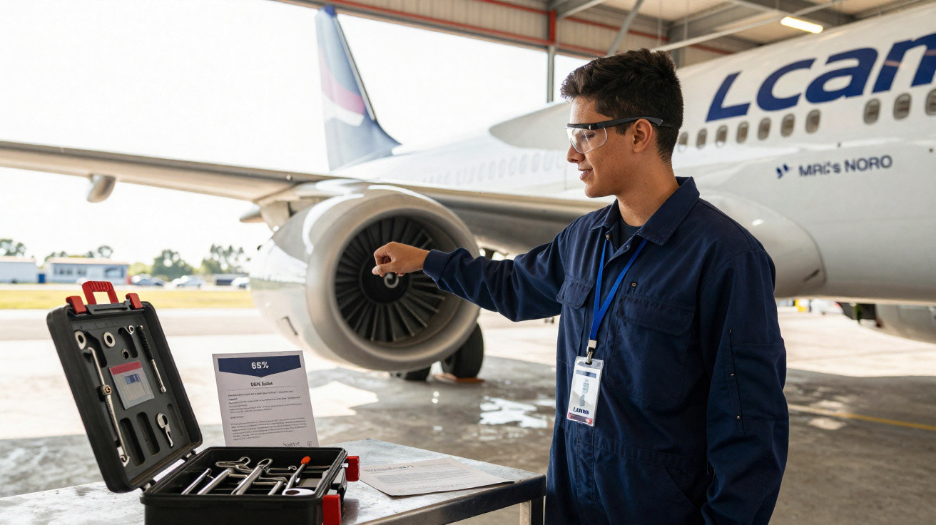 Técnico de manutenção inspecciona motor de avião em hangar com ferramentas sobre mesa próxima.